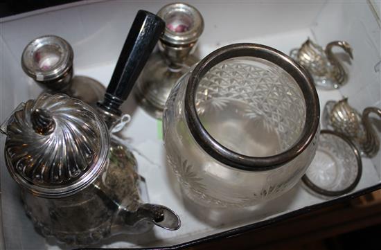 Pair of silver dwarf candlesticks, Mappin & Webb plated hot water pot & a pair of white-metal mounted glass swan salts